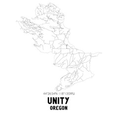 Unity Oregon. US street map with black and white lines.