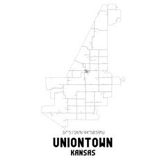 Uniontown Kansas. US street map with black and white lines.