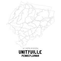 Unityville Pennsylvania. US street map with black and white lines.