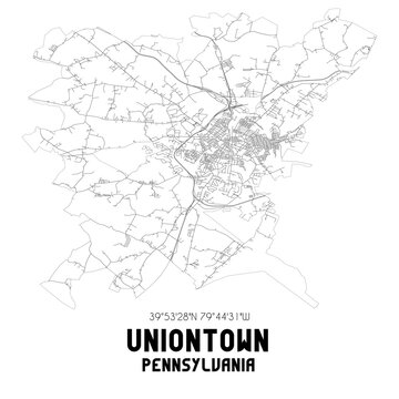 Uniontown Pennsylvania. US street map with black and white lines.