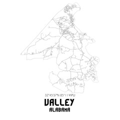 Valley Alabama. US street map with black and white lines.