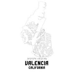 Valencia California. US street map with black and white lines.