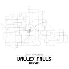 Valley Falls Kansas. US street map with black and white lines.