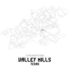 Valley Mills Texas. US street map with black and white lines.