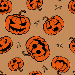 Vector. Seamless repeating pattern of cartoon pumpkin. Thanksgiving, Halloween concept. Seasonal print for textiles, holiday background, gift wrapping, invitations. Autumn concept, plant compositions.