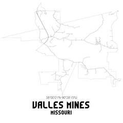 Valles Mines Missouri. US street map with black and white lines.
