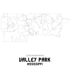 Valley Park Mississippi. US street map with black and white lines.