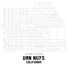Fototapeta premium Van Nuys California. US street map with black and white lines.