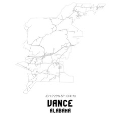 Vance Alabama. US street map with black and white lines.