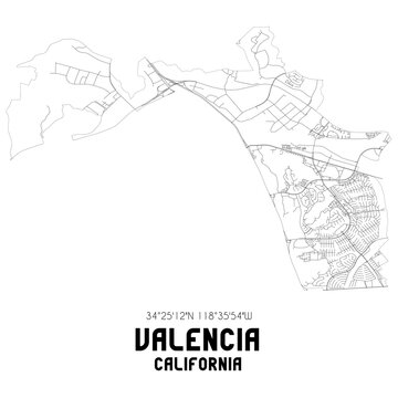 Valencia California. US Street Map With Black And White Lines.