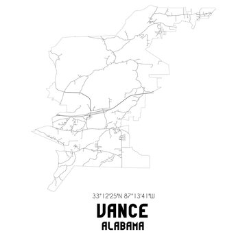 Vance Alabama. US street map with black and white lines.