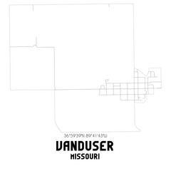 Vanduser Missouri. US street map with black and white lines.
