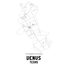 Venus Texas. US street map with black and white lines.