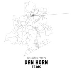 Van Horn Texas. US street map with black and white lines.