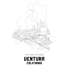 Ventura California. US street map with black and white lines.