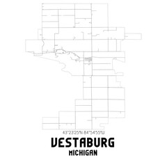 Vestaburg Michigan. US street map with black and white lines.