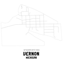 Vernon Michigan. US street map with black and white lines.