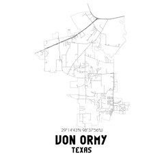 Von Ormy Texas. US street map with black and white lines.