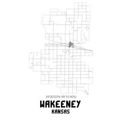 Wakeeney Kansas. US street map with black and white lines.