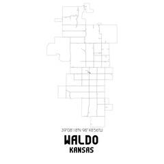 Waldo Kansas. US street map with black and white lines.