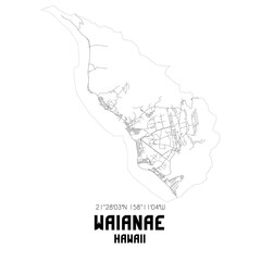 Waianae Hawaii. US street map with black and white lines.