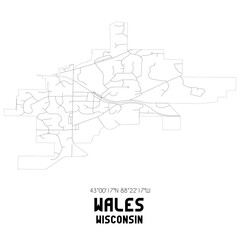 Wales Wisconsin. US street map with black and white lines.
