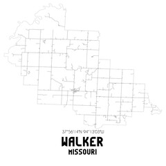 Walker Missouri. US street map with black and white lines.