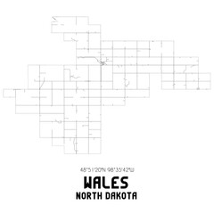 Wales North Dakota. US street map with black and white lines.