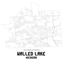 Walled Lake Michigan. US street map with black and white lines.