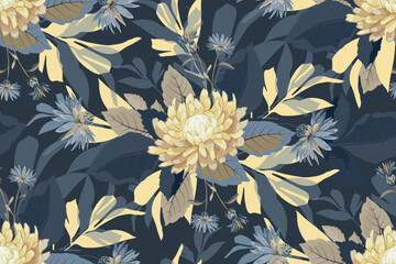 Illustration with yellow chrysanthemums and blue cornflowers