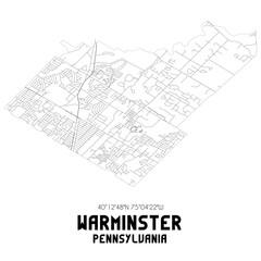 Warminster Pennsylvania. US street map with black and white lines.
