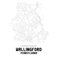 Wallingford Pennsylvania. US street map with black and white lines.