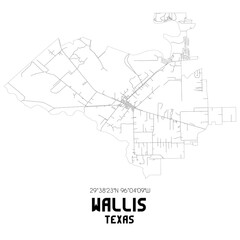 Wallis Texas. US street map with black and white lines.