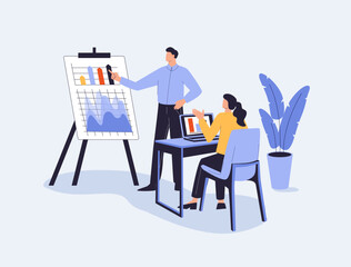 Coach speaking before audience. Mentor presenting charts and reports, Employees meeting at business training, seminar