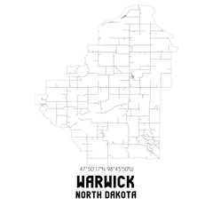 Warwick North Dakota. US street map with black and white lines.