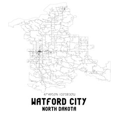 Watford City North Dakota. US street map with black and white lines.