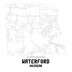 Waterford Michigan. US street map with black and white lines.