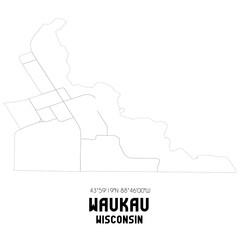 Waukau Wisconsin. US street map with black and white lines.