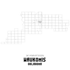 Waukomis Oklahoma. US street map with black and white lines.
