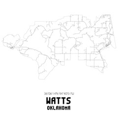 Watts Oklahoma. US street map with black and white lines.