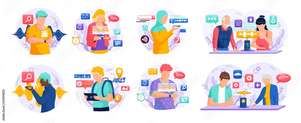 Poster voice assistant. smart speaker virtual assistant, sound robot, people using voice controlled smart s