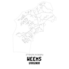 Weems Virginia. US street map with black and white lines.