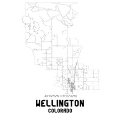Wellington Colorado. US street map with black and white lines.
