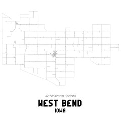West Bend Iowa. US street map with black and white lines.