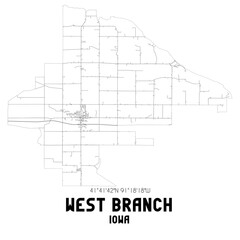 West Branch Iowa. US street map with black and white lines.