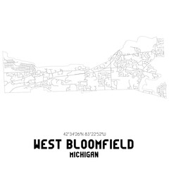West Bloomfield Michigan. US street map with black and white lines.