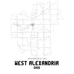 West Alexandria Ohio. US street map with black and white lines.