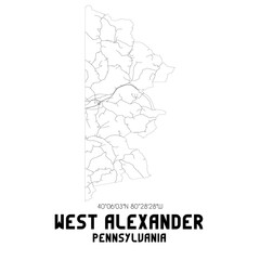 West Alexander Pennsylvania. US street map with black and white lines.