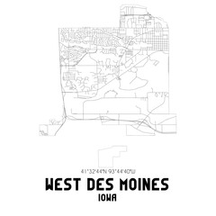 West Des Moines Iowa. US street map with black and white lines.