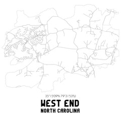 West End North Carolina. US street map with black and white lines.